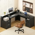 thumbnail image 2 of 63" Farmhouse L Shaped Desk with Drawers & Storage Shelf, Corner Computer Desk with Power Outlets for Home Office, Executive Desk with Monitor Stand, Printer Shelf, Black, 2 of 9