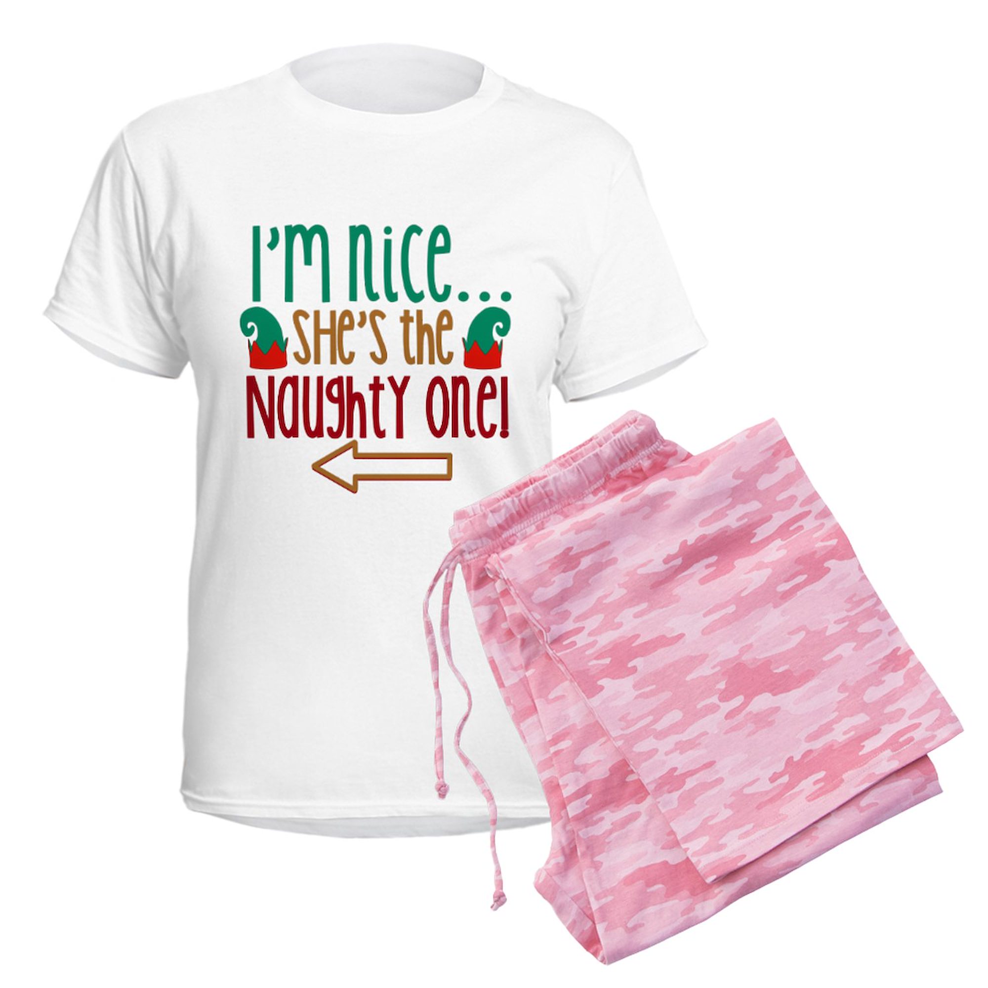 CafePress - Im Nice She's Naughty Elf Hat Women's Light Pajama - Women's Short Sleeve Print T-Shirt and Pants Light Cotton Pajama Set