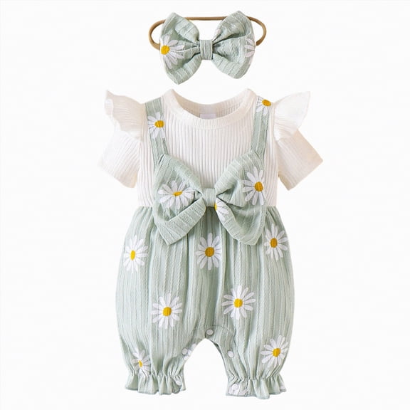 Hessimy Infant Baby Girl Summer Outfit Funny Letter Short Romper Onesie Short Sleeve Jumpsuit Newborn Coming Home Clothes(Green