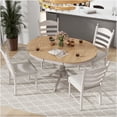 thumbnail image 3 of JERFIT Farmhouse Dining Table Set for 4, Retro Extendable Round Kitchen Table with 4 Upholstered Chairs, Solid Wood Expandable Dining Set in Off White, 3 of 10