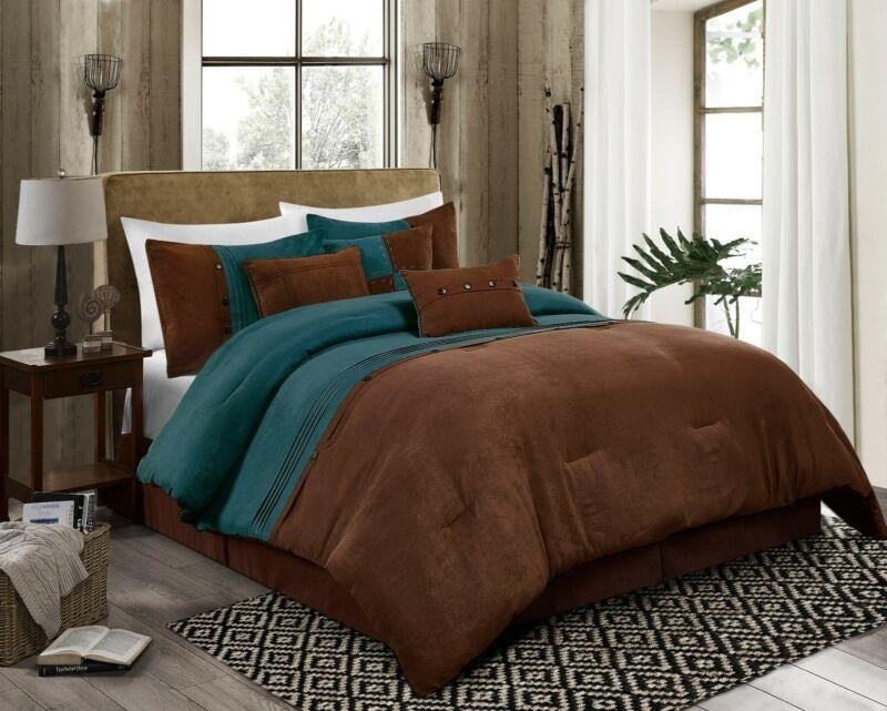 7 Piece Brown Blue Micro Suede Comforter Set Full Queen Cal King new 