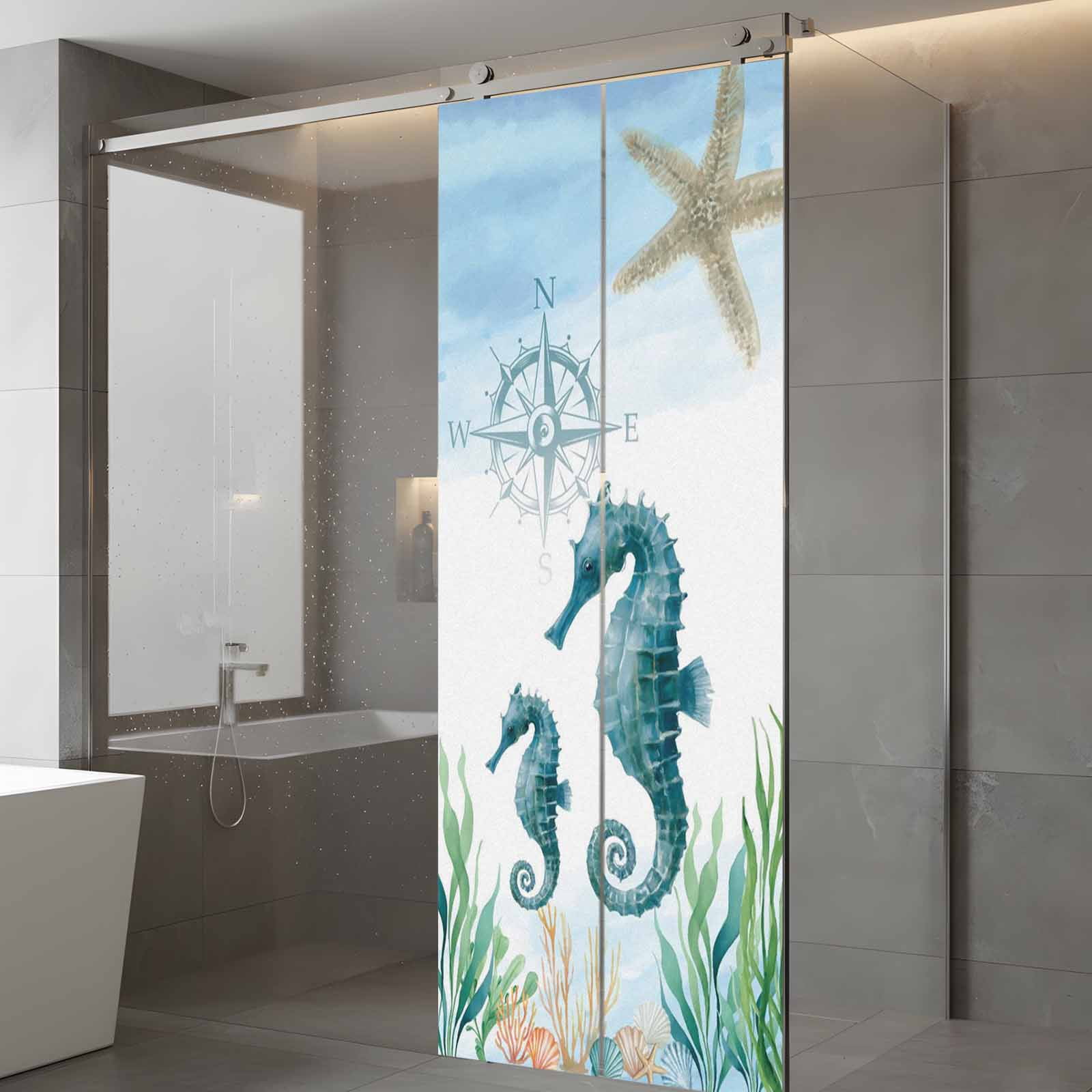Ocean Blue Window Privacy Film, Seahorse Starfish Compass Seagrass Coral Coastal Frosted Glass Window Clings Static Cling UV Heat Blocking Reusable Door Sticker for Bathroom 23.6 x 59 Inch