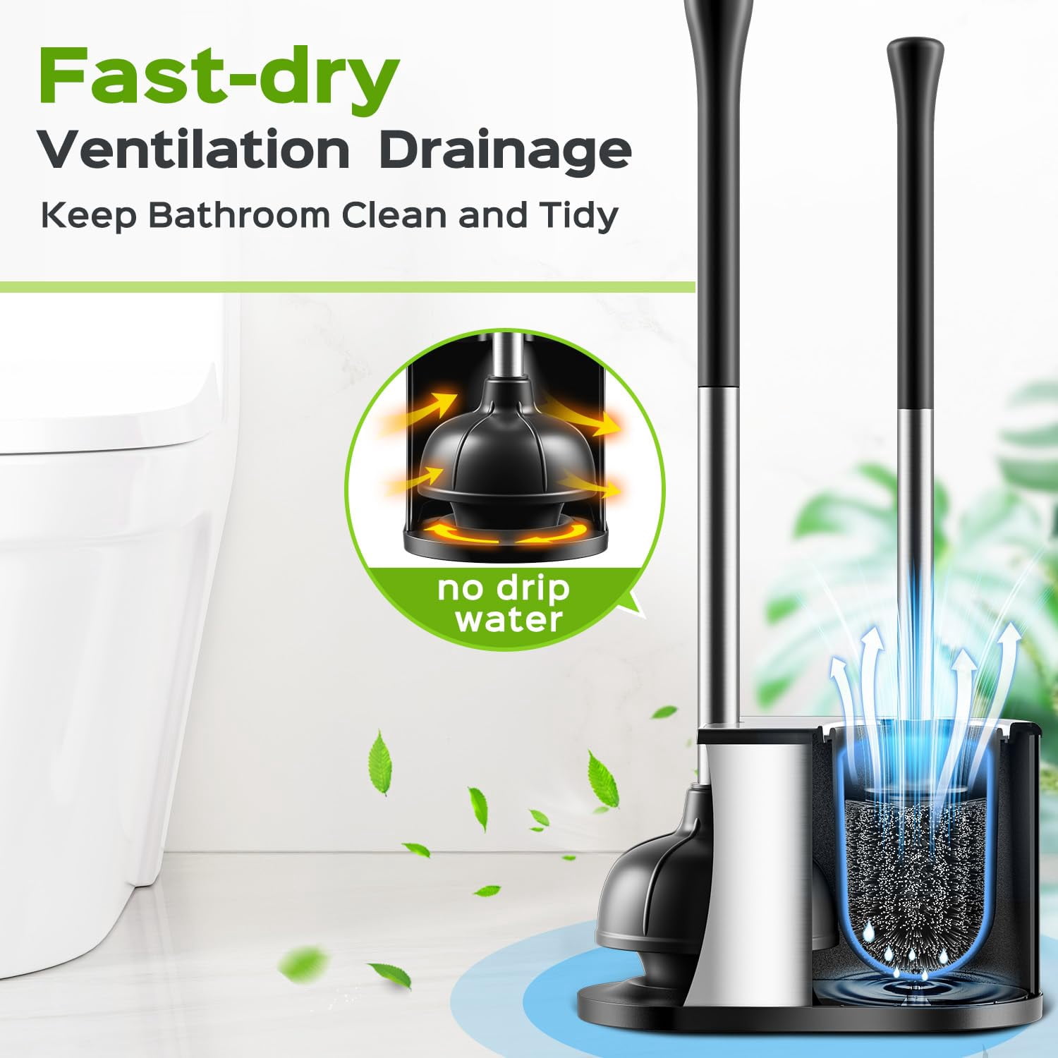 Toilet Plunger and Brush Set, Modern, Stainless Steel, Bathroom Cleaning