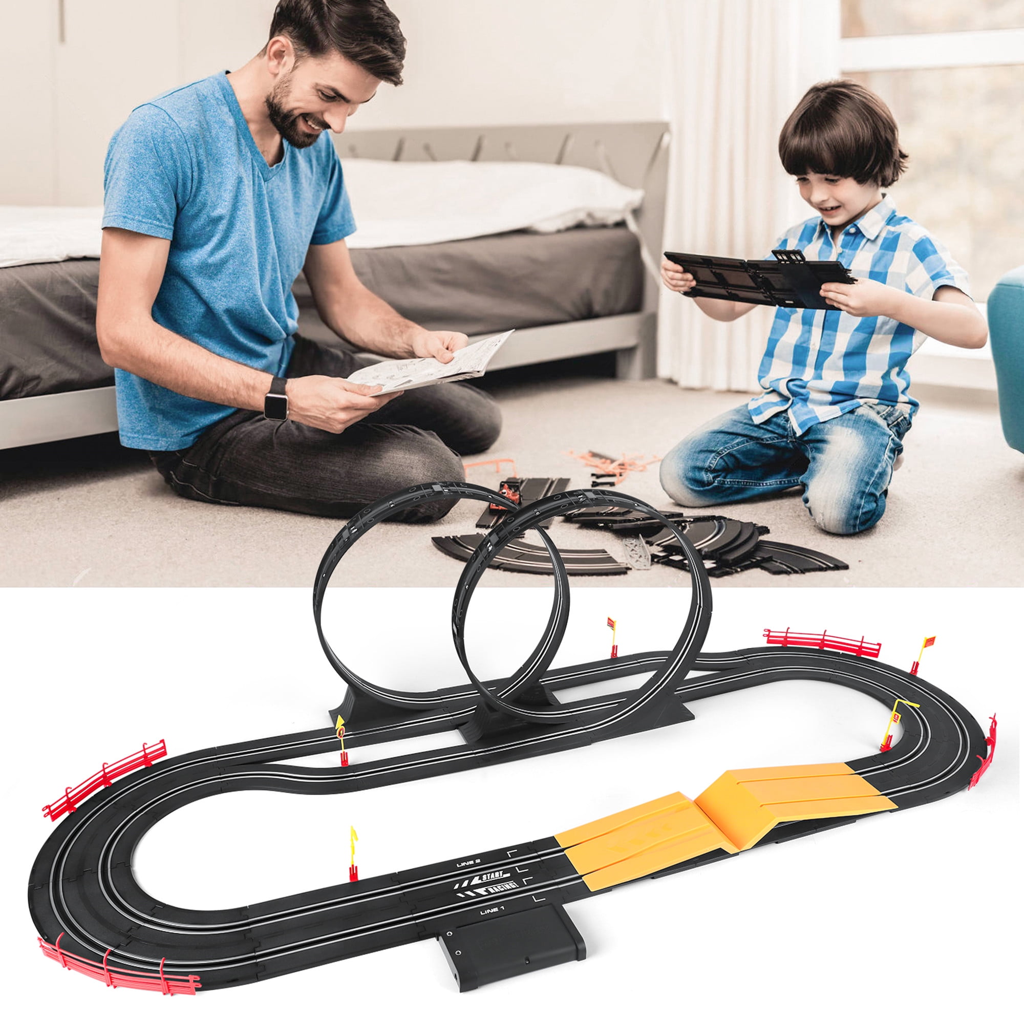 Growsly Electric Cars Race Track Set with 4 High-Speed Slot Cars Dual Racing  Game Lap Counter Circular Overpass Track for 4-12 Years Old Kids 