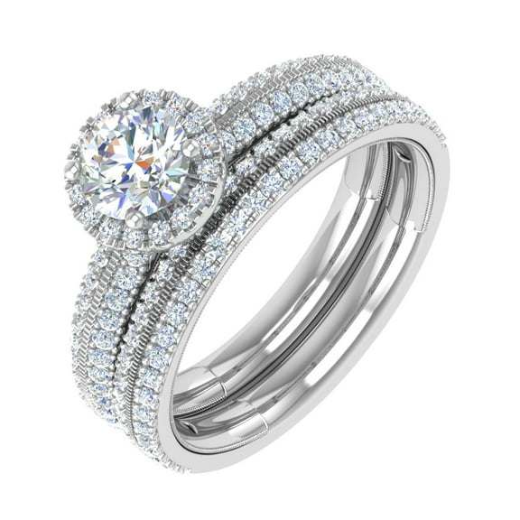 1.16 Carat Prong Set Diamond Halo Bridal Ring Set in 14K White Gold (Ring Size 6.75) (I1-I2 Clarity)