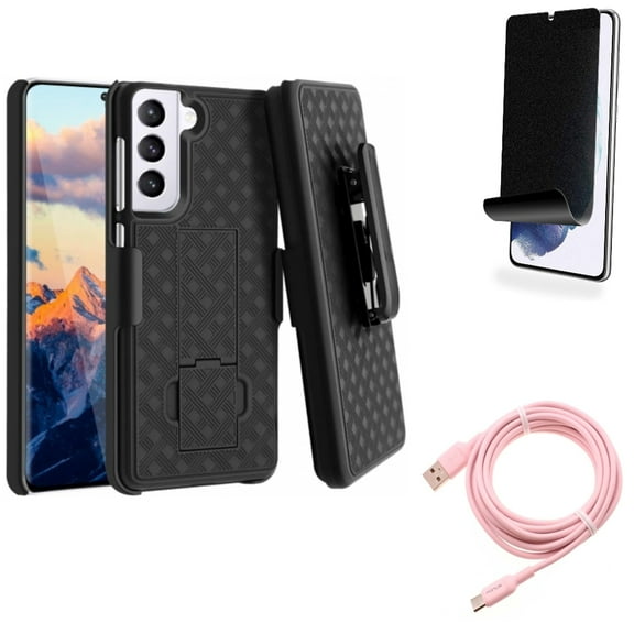 For Samsung Galaxy S21 (6.2") - Swivel Holster Case Belt Clip   [Fingerprint Works] TPU Film Privacy Screen Protector   Charger Cord Pink 10ft Long USB-C Cable
