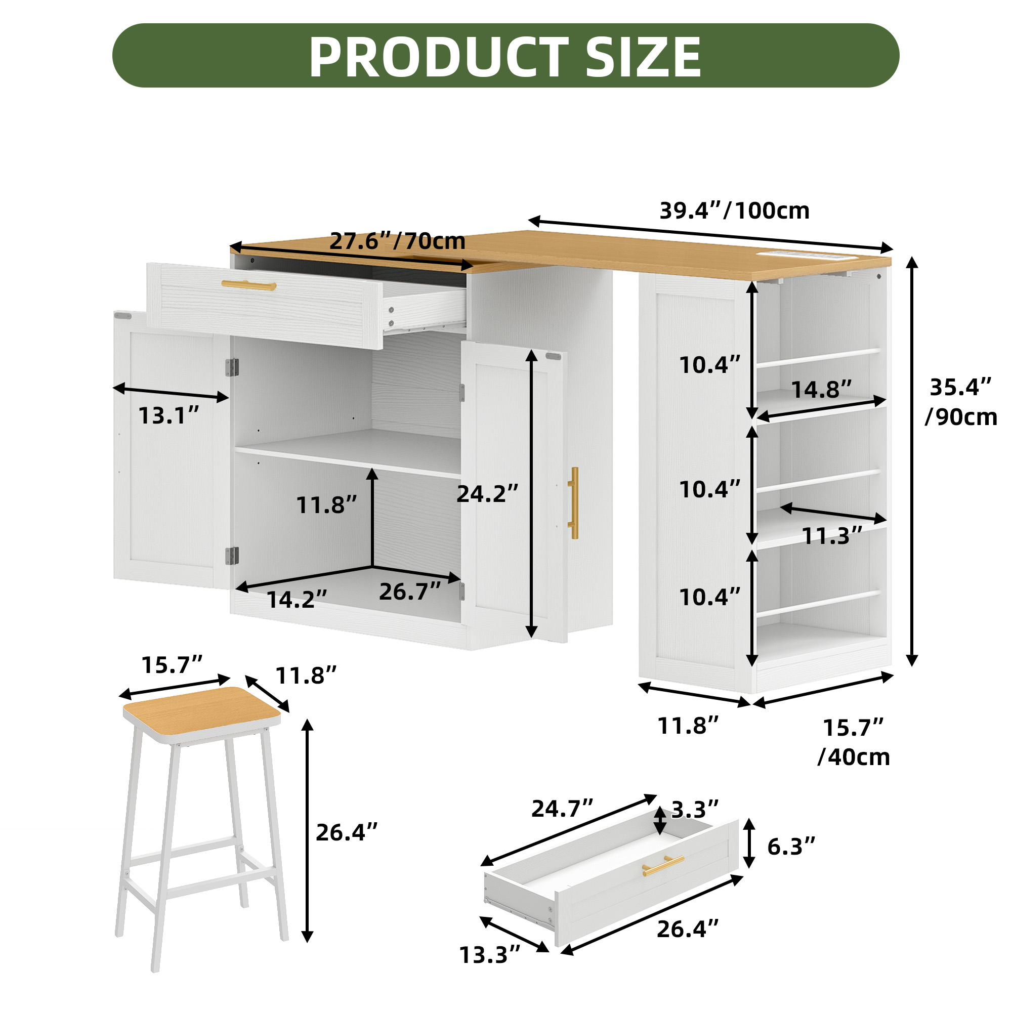 Uforic Extendable Kitchen Island Table with Power Outlets & Seating, Rolling Kitchen Island, White