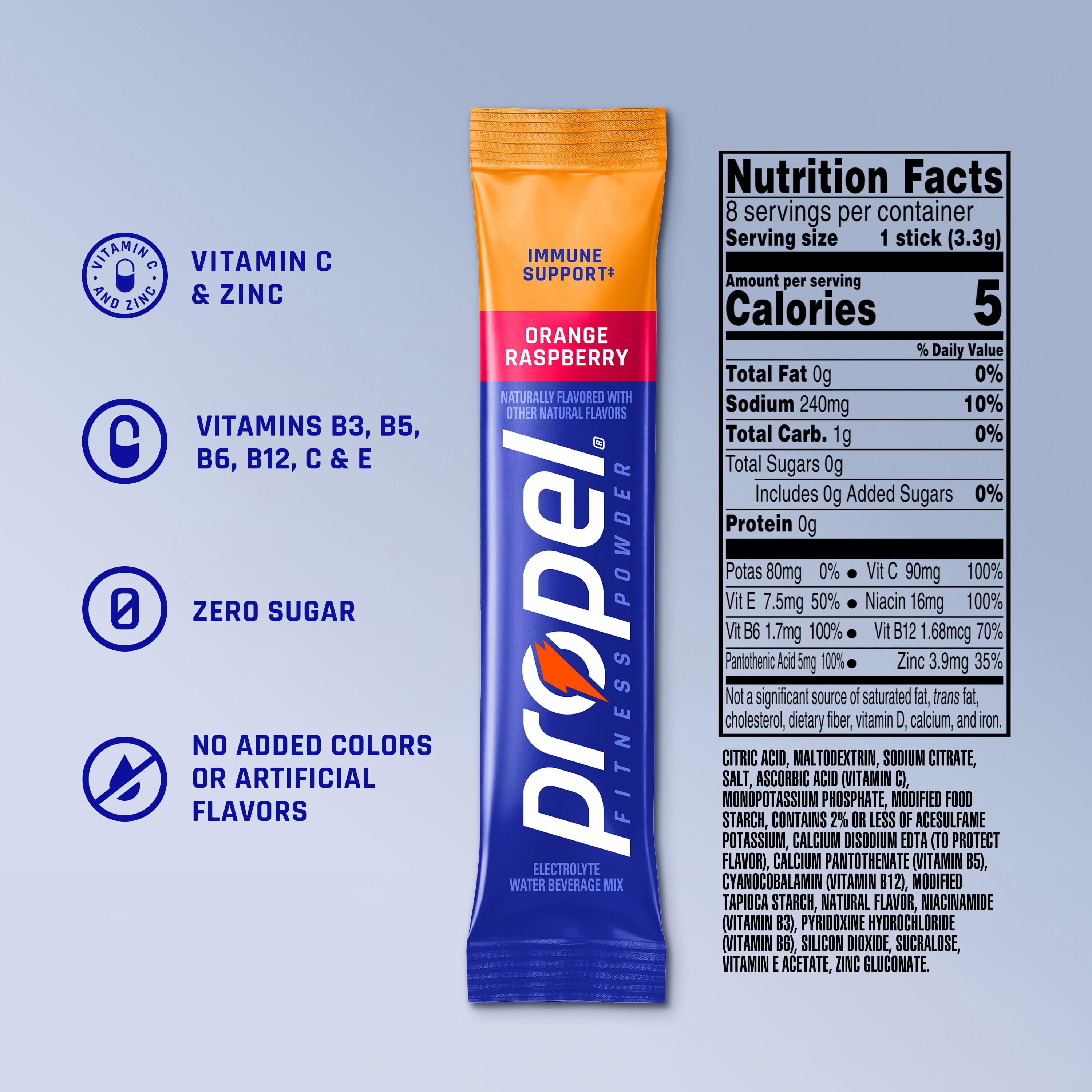 (12 pack) Propel Immune Support Zero Sugar Orange Raspberry, On The Go Packs, Electrolyte Powder Drink Mix, 0.11 oz, 8 Count Packets