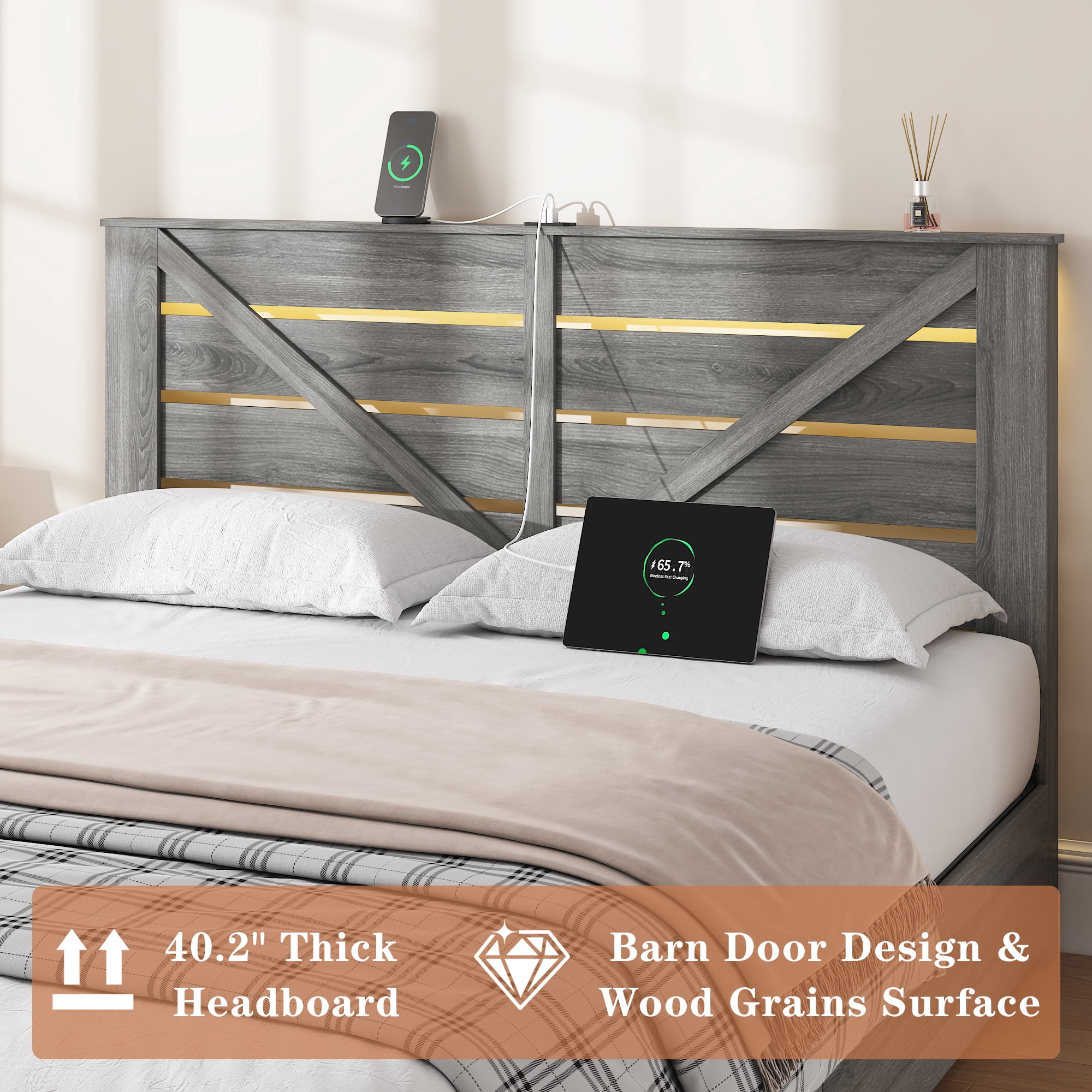 Miniyam Full Size Bed Frame with Storage Drawers, LED Lights, Charging Station, Barn Door Headboard, Metal Slats, Gray