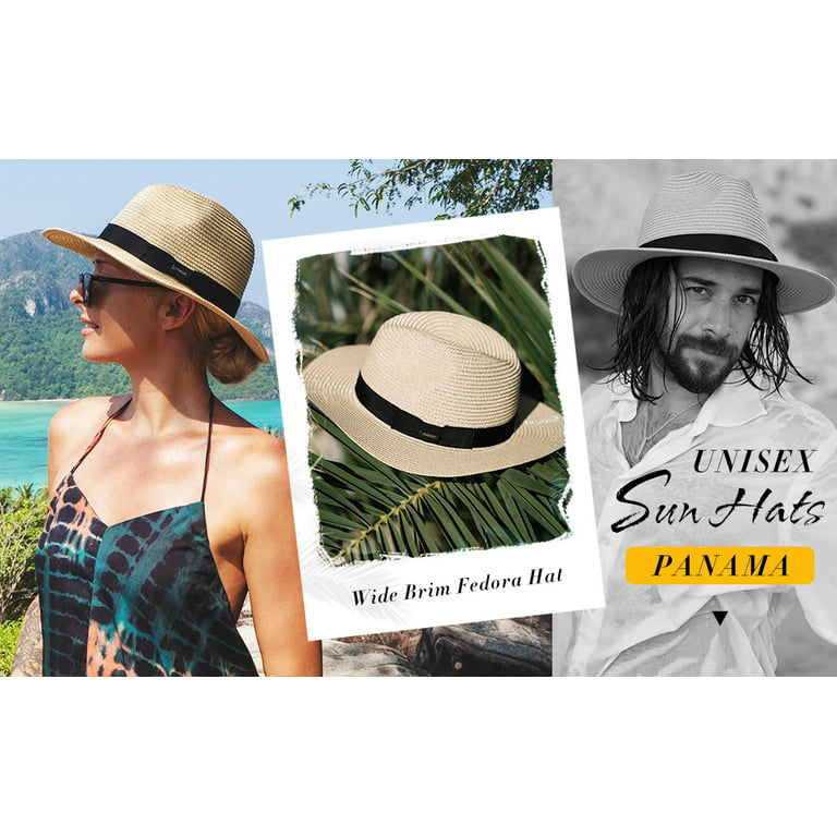 Comhats Womens Straw Fedora Brim Panama Beach Crushable Packable Havana  Summer Sun Hat Party Floppy Ladies Beige XX-Large