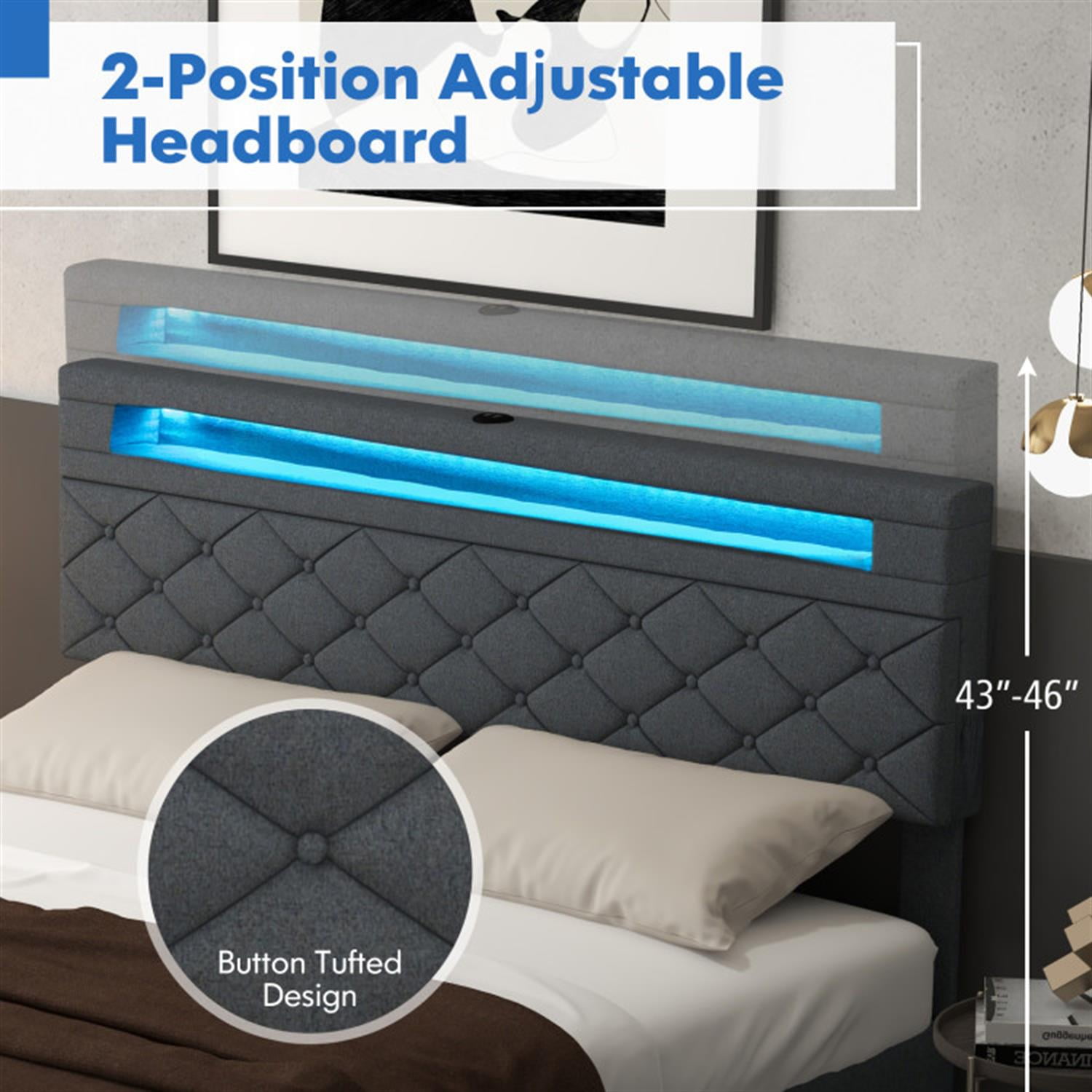 Demi Bonn Queen Size Bed Frame with Adjustable Storage Headboard and Wooden Slat Support, Platform Bed Frame with 4 Storage Drawers, No Box Spring Needed, Gray