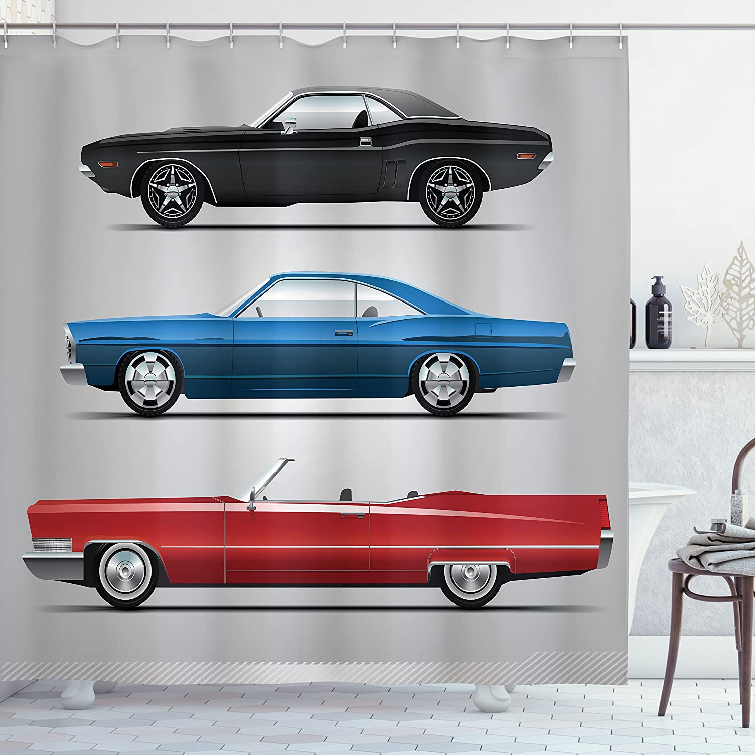 Sonernt Cars Shower Curtain, OldFashioned Cars Colorful Design