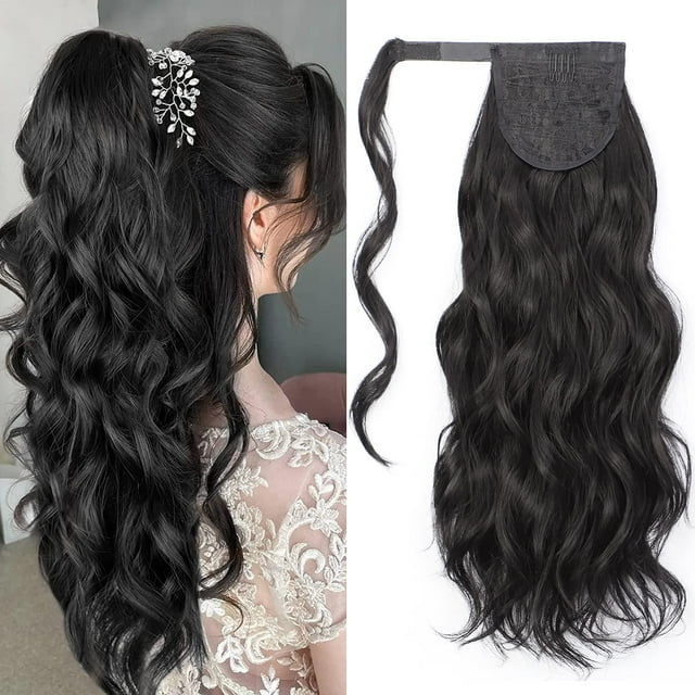 Extensión de cola de caballo ondulada larga con clip esponjoso en piezas de pelo de cola de caballo sintéticas de 20 pulgadas (negro, 20 pulgadas) TUNC Sencillez
