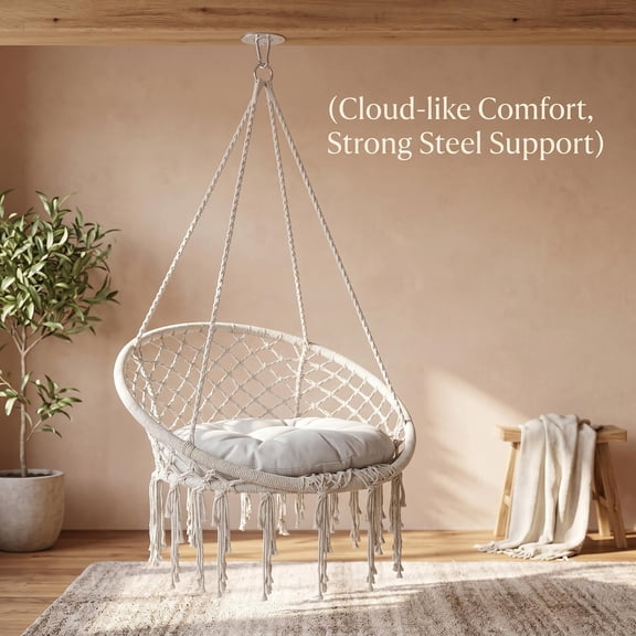WEIZHUO 31.5 inch Hammock Swing Chair,Light Gray Macrame Hanging Chair,Cotton Cushion Hanging Rope Swing Chair for Indoor Outdoor