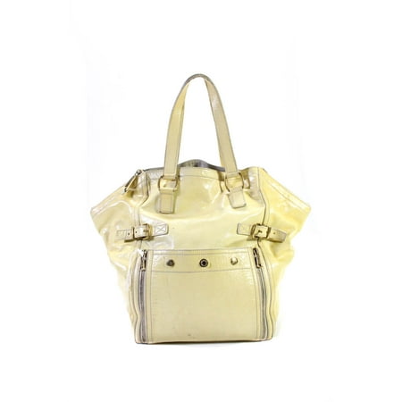 Pre-owned|Yves Saint Laurent Womens Patent Leather Buckle Detail Tote Handbag Yellow