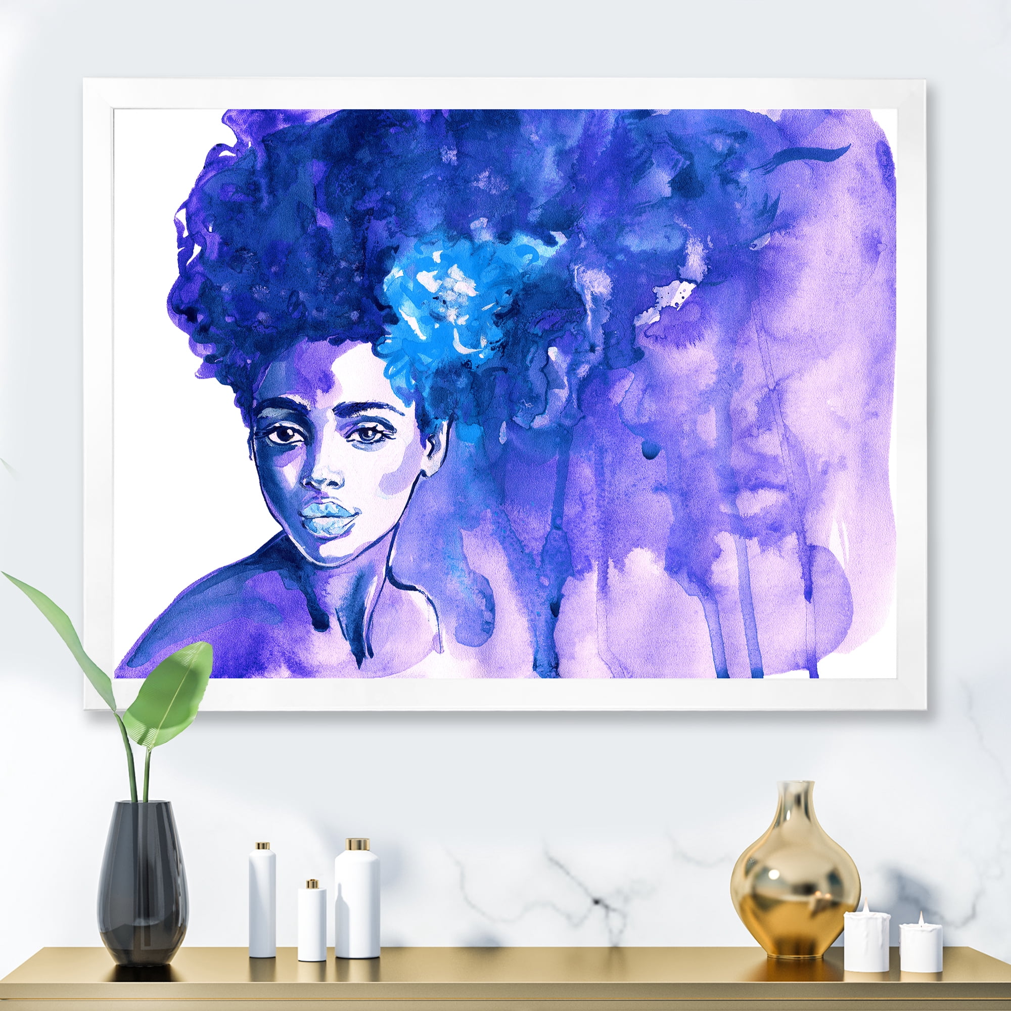 Designart 'Glorious Blue Portrait of Afro American Woman' Modern Framed Art Print