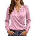 thumbnail image 3 of Zynoxe Long Sleeve Shirts for Women Lightweight Smooth Satin Womens Tops Fashion Versatile Solid Color V Neck Shirt Top Elegant Wrap Front Casual Blouse Business Casual Outfits 2XL, 3 of 10
