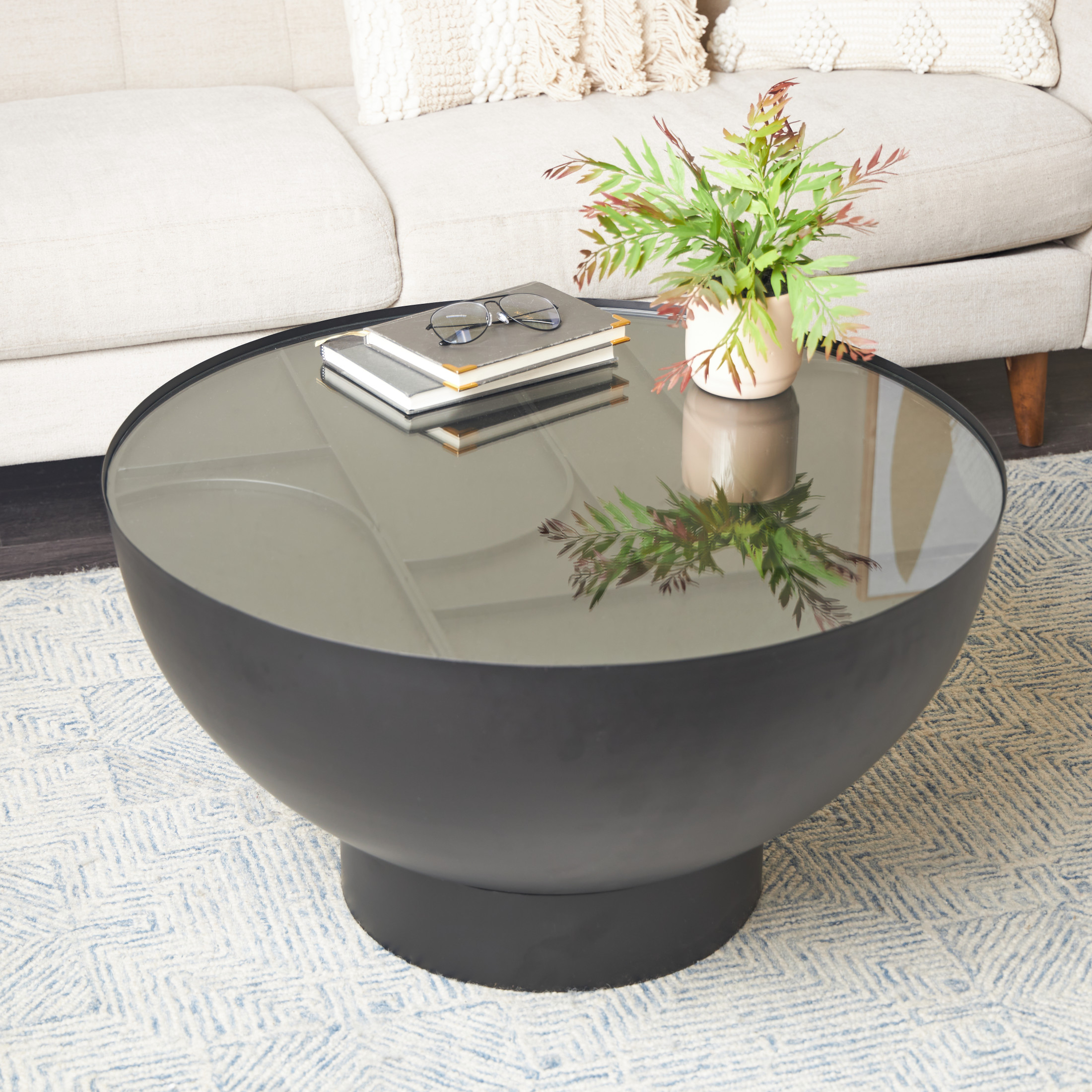 DecMode 32" x 18" Black Metal Geometric Coffee Table with Glass Tabletop and Elevated Base, 1-Piece