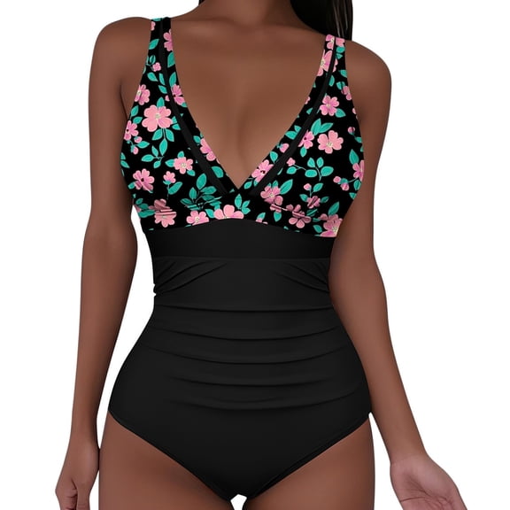 Roncen Women's One Piece Swimsuits Tummy Control Bathing Suits V Neck Ruched Push Up Halter Slimming Summer Swimwears