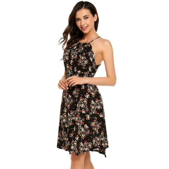 Halter Asymmetric Hem Printed Flared Casual Dress Halter Asymmetric Hem Printed Flared Casual Dress