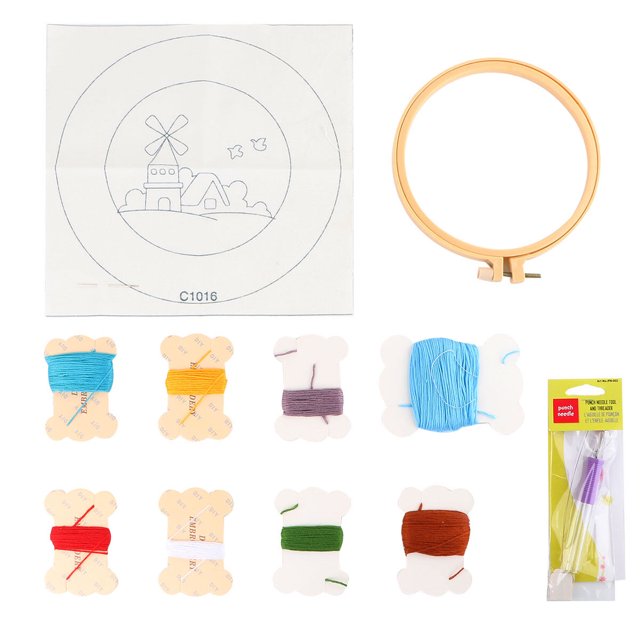 MasteelfCA 15cm Round Embroidery Base DIY Punch Embroidery Set Cloth Needles Wools Thread Accessories Embroidery Art Craft for Kids Home Gift Making (Windmill Style Pattern)