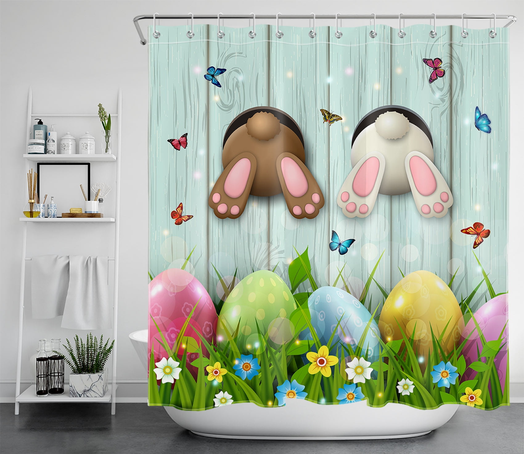 HVEST Easter Shower Curtain for Bathroom Decor,Funny Rabbit on Rustic