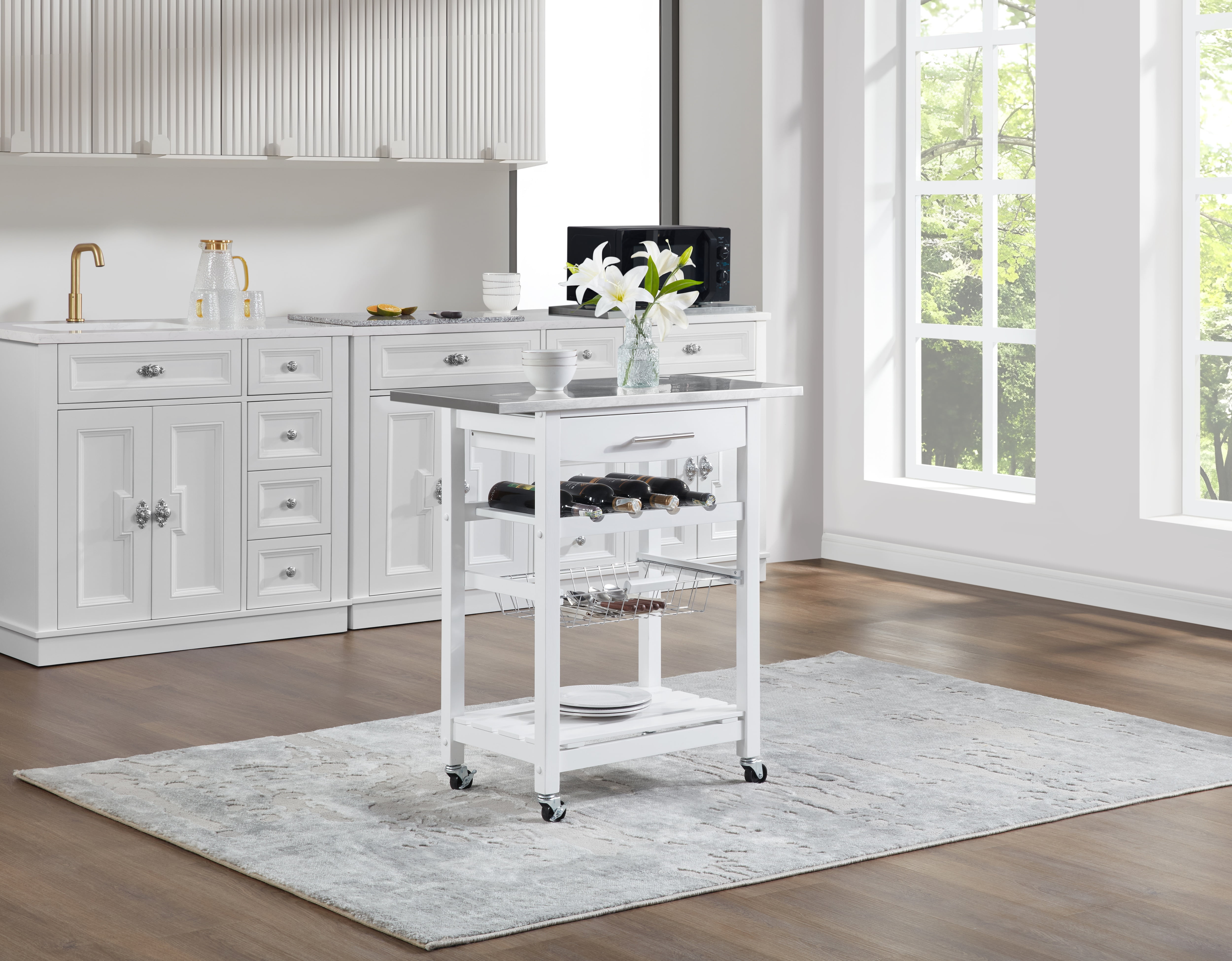 MAYEERTY Mobile Rolling Kitchen Island with Stainless Steel Work Surface, Drawer & Storage Basket
