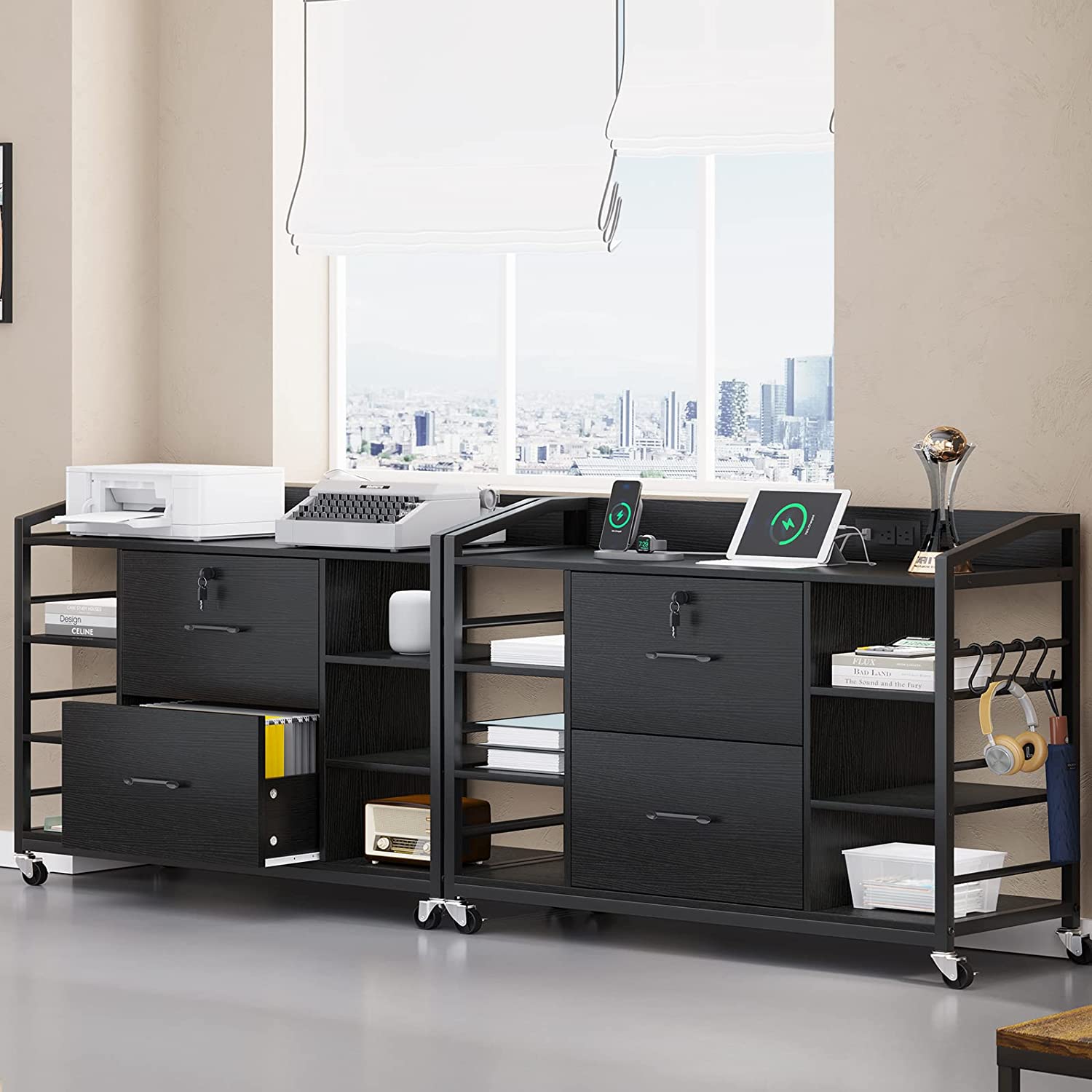 44" File Cabinet, Filing Cabinets fits Legal, Letter, A4 Size, 2 Drawer Office File Cabinet for Home Office with Lock, Power Strip, 6 Adjustable Shelves & 4 Hooks, Black