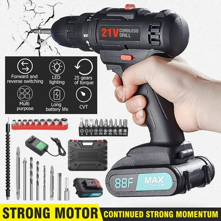 

21V Max Cordless Drill Kit Power Drill Impact Wrench Gun for Drilling Wall Brick Wood Metal - 28 Accessory 3/8 inch Chuck 1200mah Li-ion Battery with Charger 30Nm Torque Bit Holder LED Light