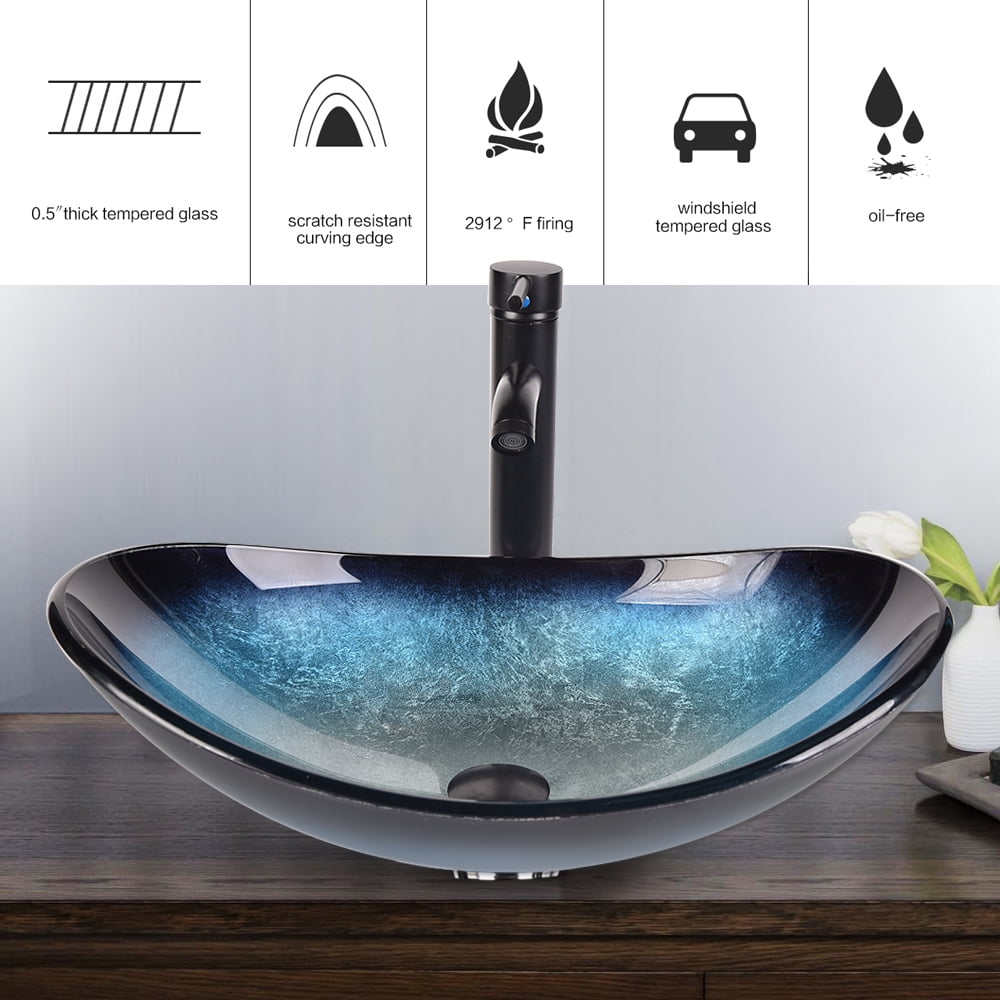 FULLWATT Boat Shape Bathroom Artistic Glass Vessel Sink Free Oil Rubbed Bronze Faucet and Pop-up Drain,Blue