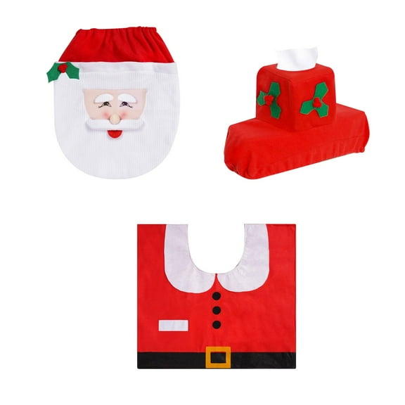 CASAFUN Christmas Toilet Seat Cover Set, 3 Pcs Red Snowman Santa Soft Bathroom Toilet Seat Lid Cover Set for Christmas Bathroom Decorations