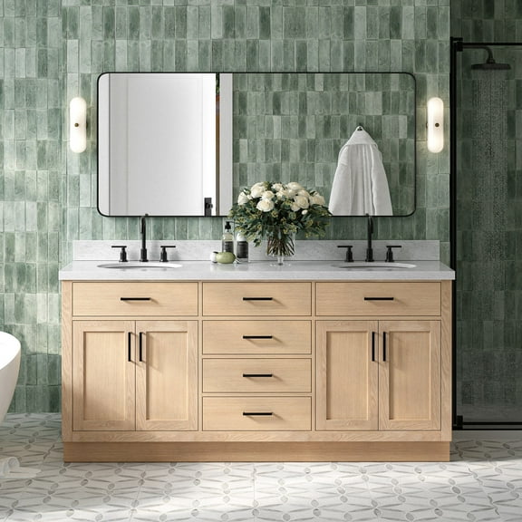 Ariel Hepburn 73 Inch Double Oval Sink Bathroom Vanity With Italian Carrara Marble Countertop 1.5 Inch Edge In Oak