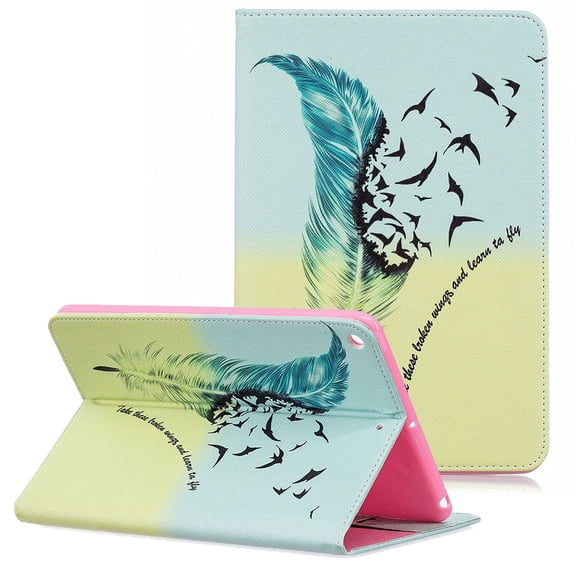 Allytech iPad Mini 5 Case 2019, iPad Mini 5st Generation Case, Ultra Slim PU Leather Cute Pattern Folio Stand Lightweight Anti-Scratch Soft Rubber Back Cover Case for Apple iPad Mini 5, Feather