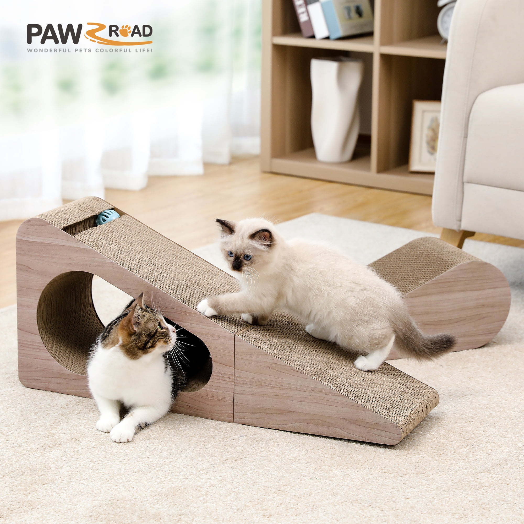 PAWZ Road 28" Cat Scratching Post 2 in 1 Large Three Sided Cat Scratcher Cardboard Cat Scracherwith Balls for Indoor Cat and Kittens