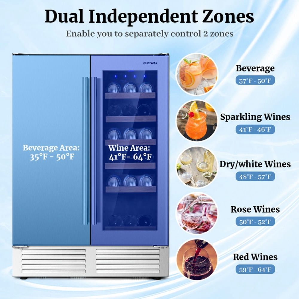 YYAo 2-in-1 Beverage and Wine Cooler with Independent Temperature Control and LED Lights-Silver