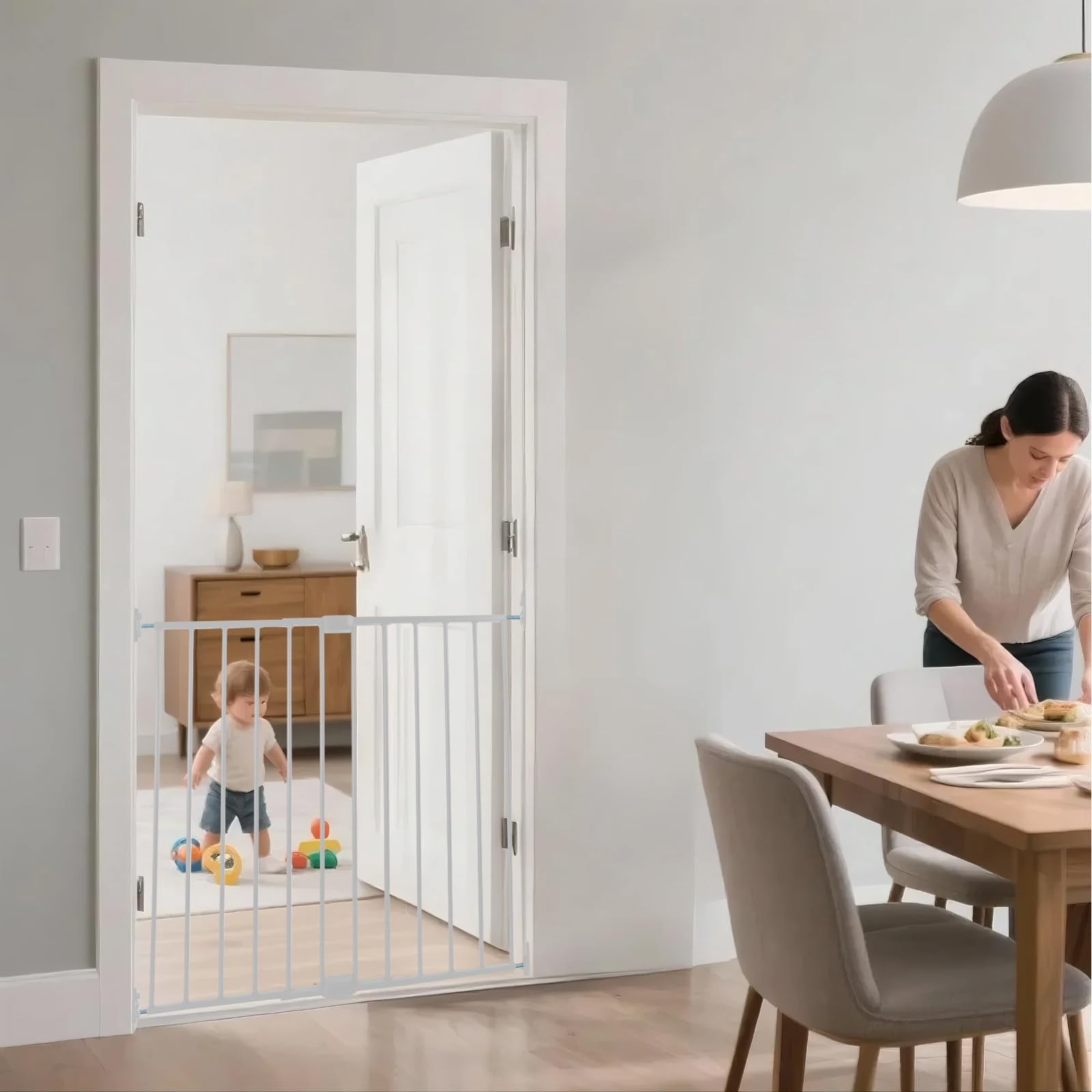 Adjustable Pet Safety Swing Gate, Hardware-Mounted Metal Gate for Stairs and Doorways, Secure Latch for Pets (White, 24"-40.5" W x 28.75" H)