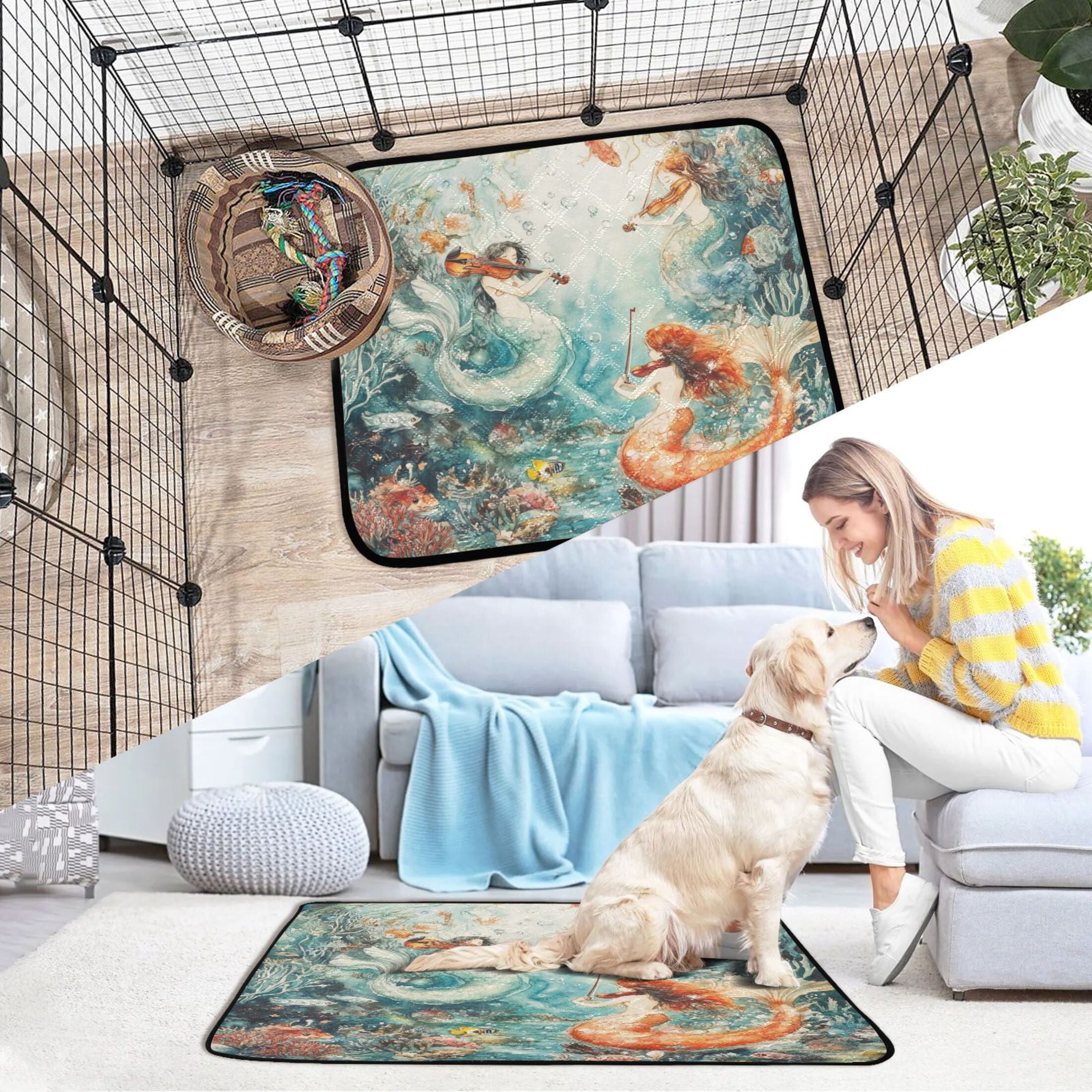 Qxltty Mermaid Plays Music Cat litter Pads Pet Set of 3 Diaper Mats Center Anti-leakage Layer Absorbent Soft and Comfortable