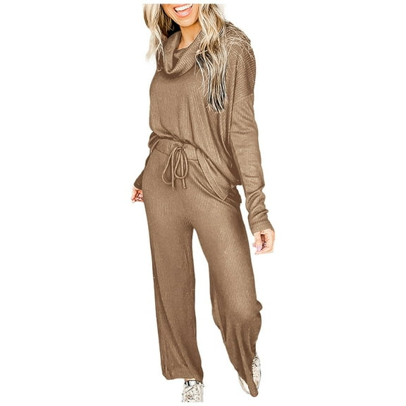 Usmixi Lounge Set for Women Turtleneck Sweater Matching Sets for Women Winter Soft Knitted Ribbed 2 Piece Outfits Casual Solid Drawstring Elastic Waist Pant Sets Holiday