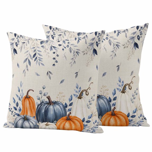Orange Blue Pumpkin Fall Outdoor Waterproof Pillow Covers, Rustic Maple Leaf Thanksgiving Decorative Square Throw Pillowcase Sofa Cushion Sham for Patio/Couch/Chair, 16"x16" 2 Pack
