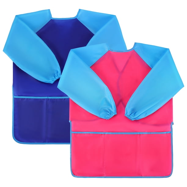 Delantal de pintura para niños, delantal de dibujo, delantal de cocina reutilizable para niños, Protector de ropa, delantal de manga larga con bolsillo frontal, talla M, 2 uds.