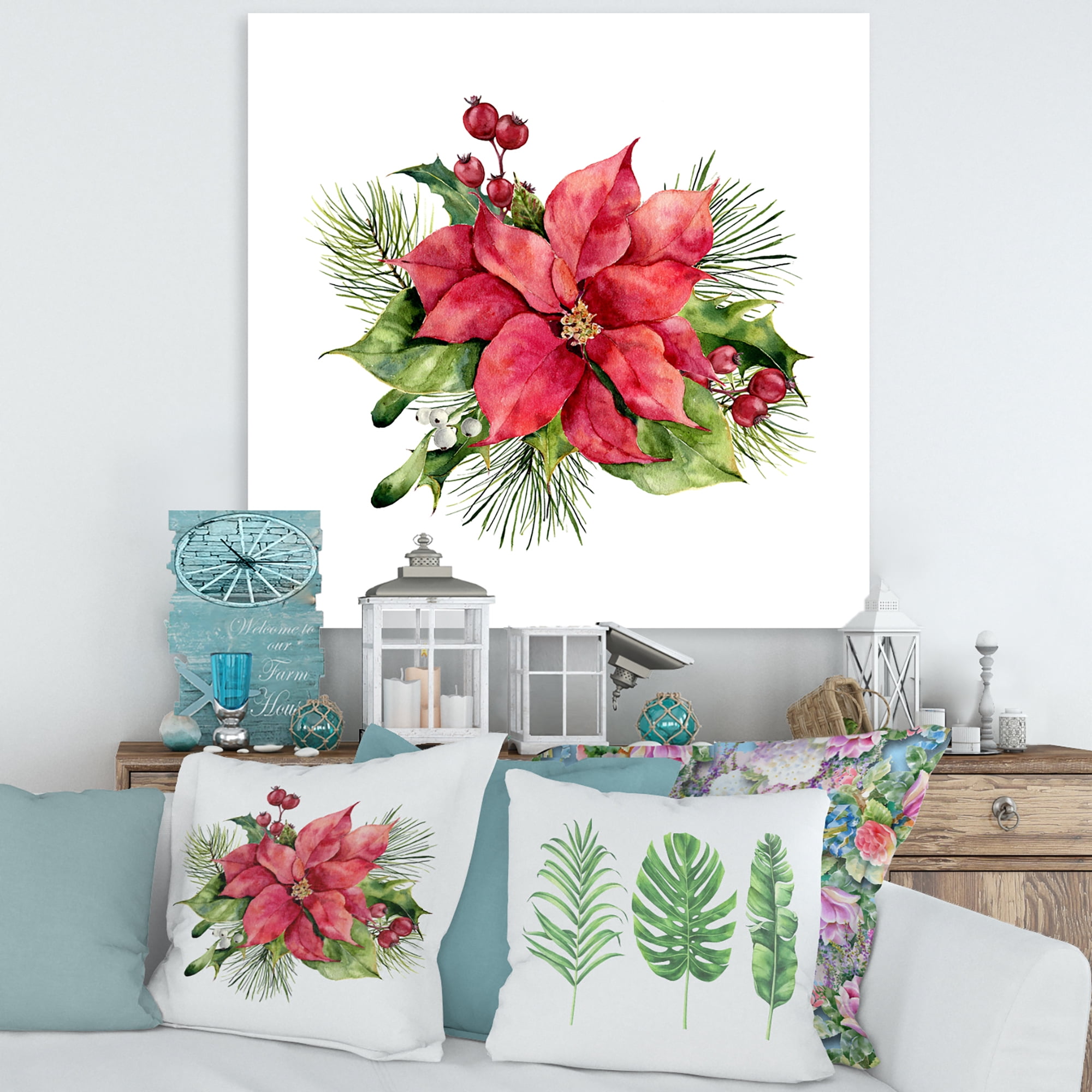 Designart ' Christmas Fir Branch and Holly Mistletoe Berries I ' Traditional Canvas Wall Art Print
