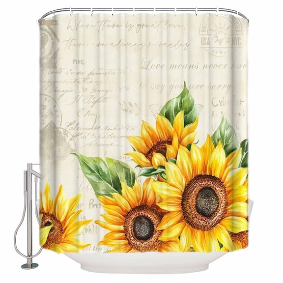 Shower Curtain Bathroom Set Retro Farm Sunflowers Waterproof Fabric Shower Curtains with Grommets&Hooks Pastoral Floral on Letter Privacy Bath Curtain for Bathtub 36x72in