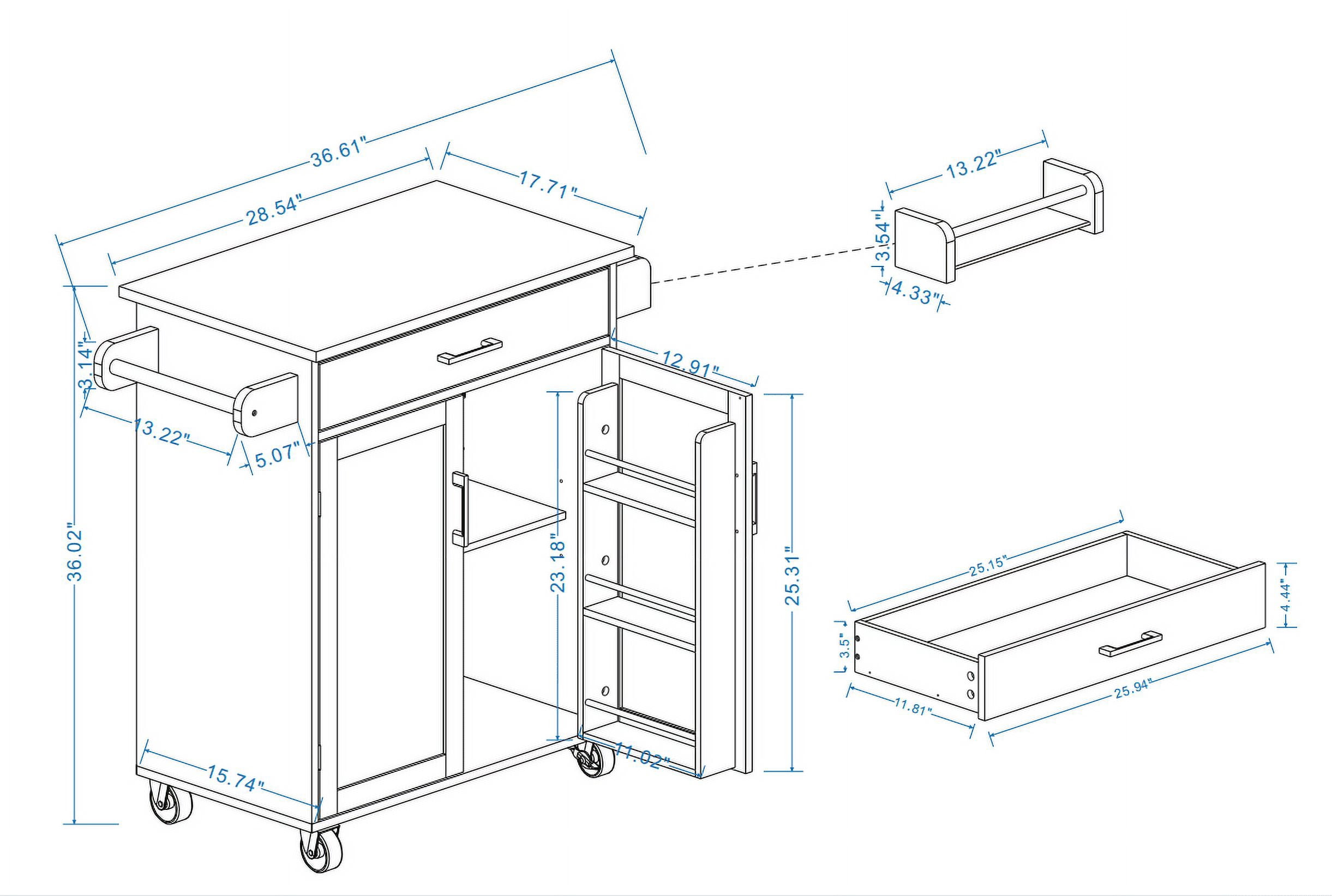 Kitchen Island on Wheels Cart Rolling Trolley Cart Storage with Cabinet Racks Towel Rack Rubber Wood Countertop Table