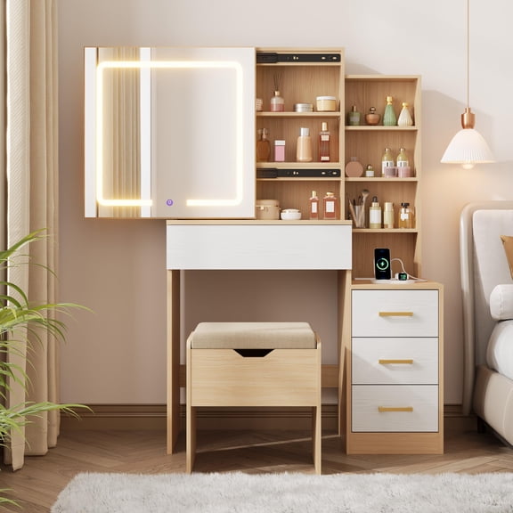 Makeup Vanity Desk with Sliding Mirror & Stool, 3-Color LED Lights, 4 Drawers, Power Outlet & Stool, Dressing Table, Natural