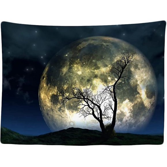 Decorative Bedroom Wall Tapestry - Nature Tree Full Moon Night - 200 x 150 cm Large - Fabric Wallpaper - Tapestry Aesthetic Wall - Panoramic Decorati