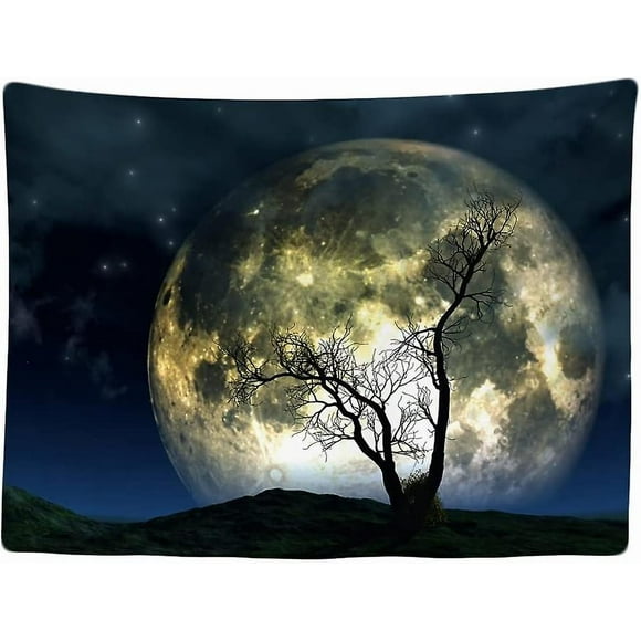 Decorative Bedroom Wall Tapestry - Nature Tree Full Moon Night - 200 x 150 cm Large - Fabric Wallpaper - Tapestry Aesthetic Wall - Panoramic Decorati