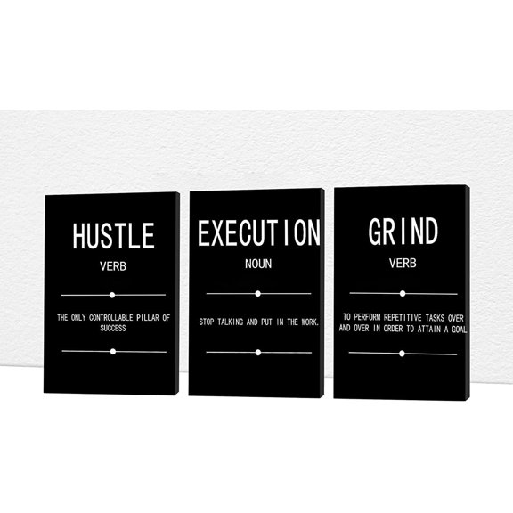Office Wall Art - 3 Panel Motivational Wall Art, Inspirational Quotes Canvas Art for Home Office Wall Decor, Positive Quotes Wall Decor, Entrepreneur Grind Hustle Execution (12”x18”x3Pcs)