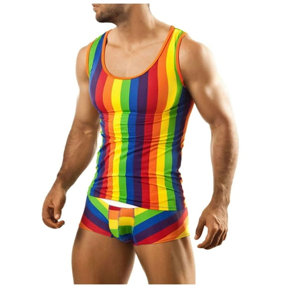 TSADFHJI Men's Pajama Pants Fall Male Rainbow Striped Tank Top Pajamas Festival Wear Colorful Two Piece Shorts Set Xxl Gray