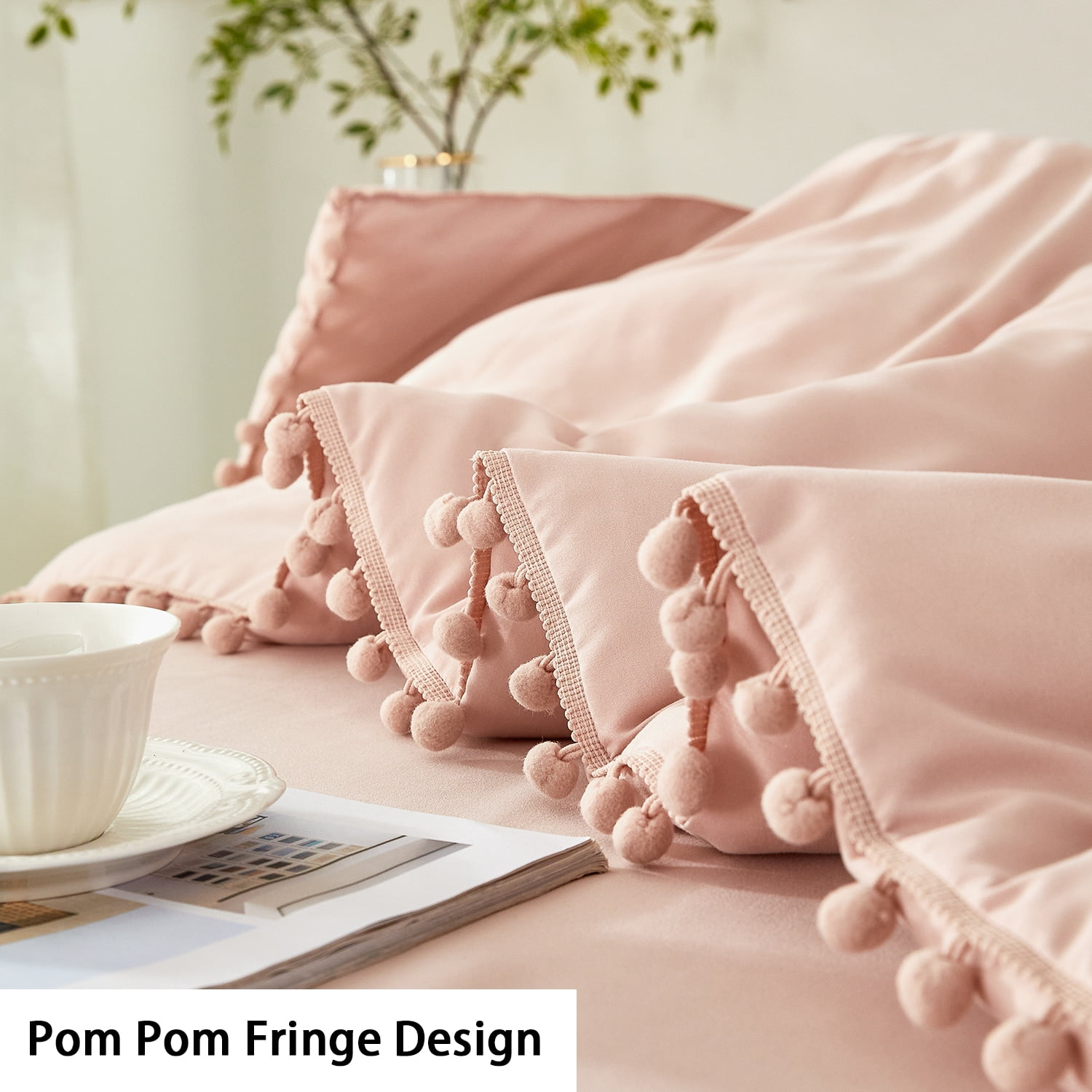 RYNGHIPY Pompom Fringe Bedding Set for Kids Full 3Pcs Boho Pink Blush Comforter Sets Cozy Breathable Bed Set for Girls, Full