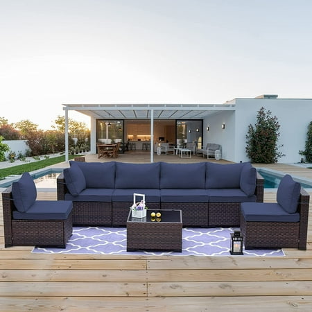 Gotland Patio Furniture Set 7 Pieces Outdoor Sectional Rattan Sofa Set Brown Manual Wicker Patio Conversation Set with Navy Blue Cushions 1 Tempered Glass Tea Table